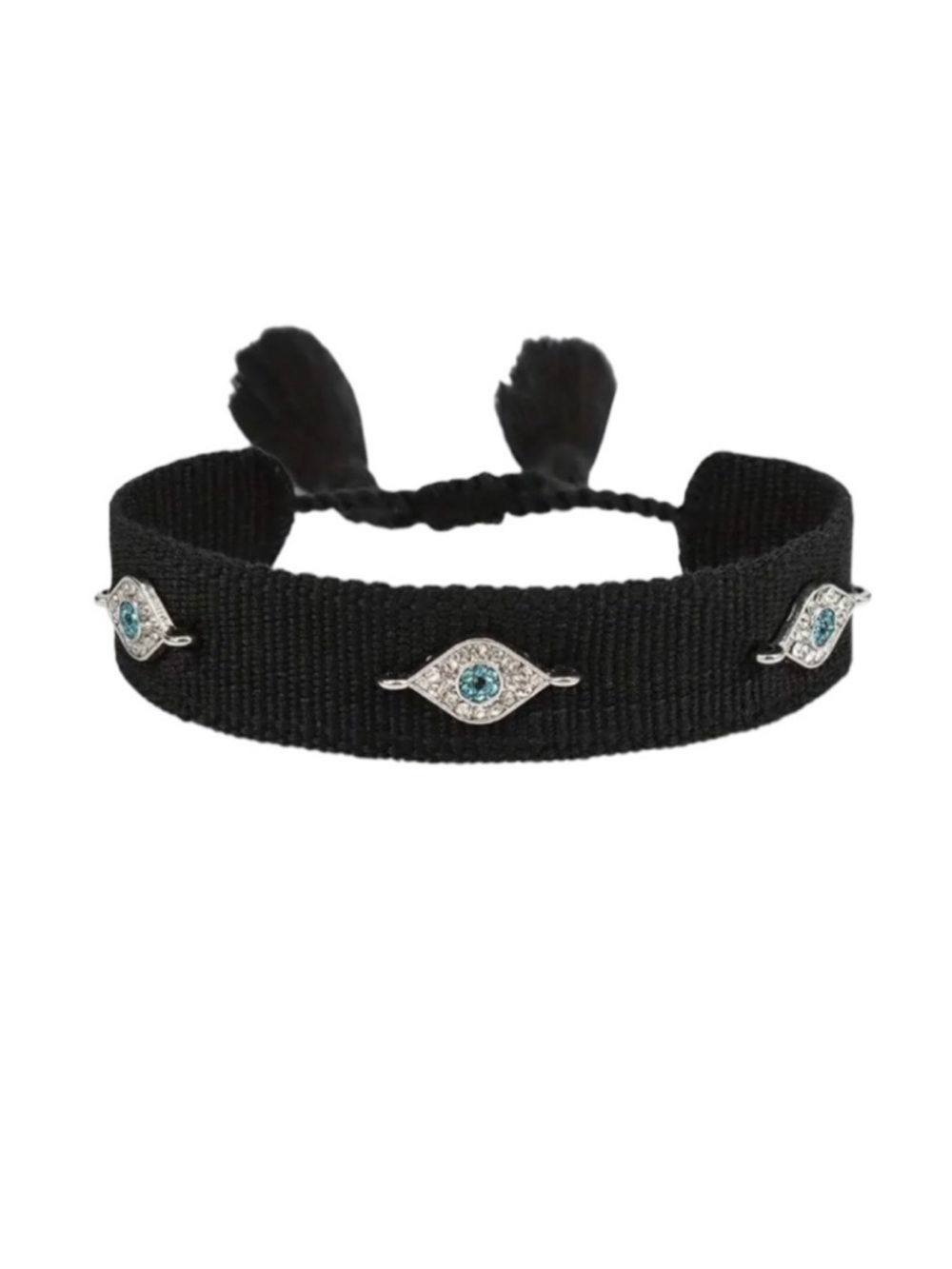 Black Woven Tassel Rhinestone Evil Eye Friendship Bracelet NEW